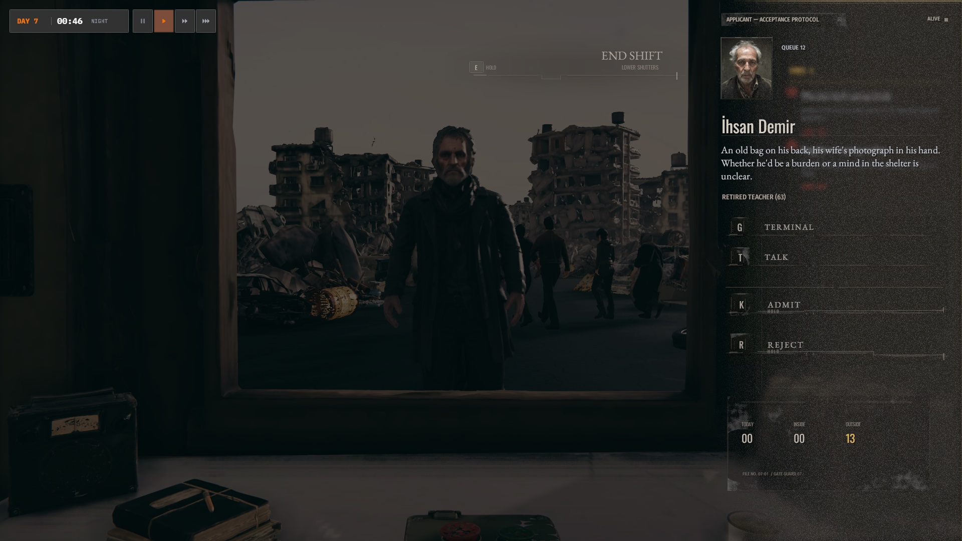 A survivor waiting outside the shelter while the player reviews his application