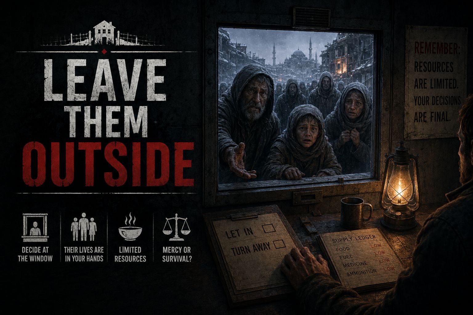 Leave Them Outside — a sealed shelter door lit by a single lamp