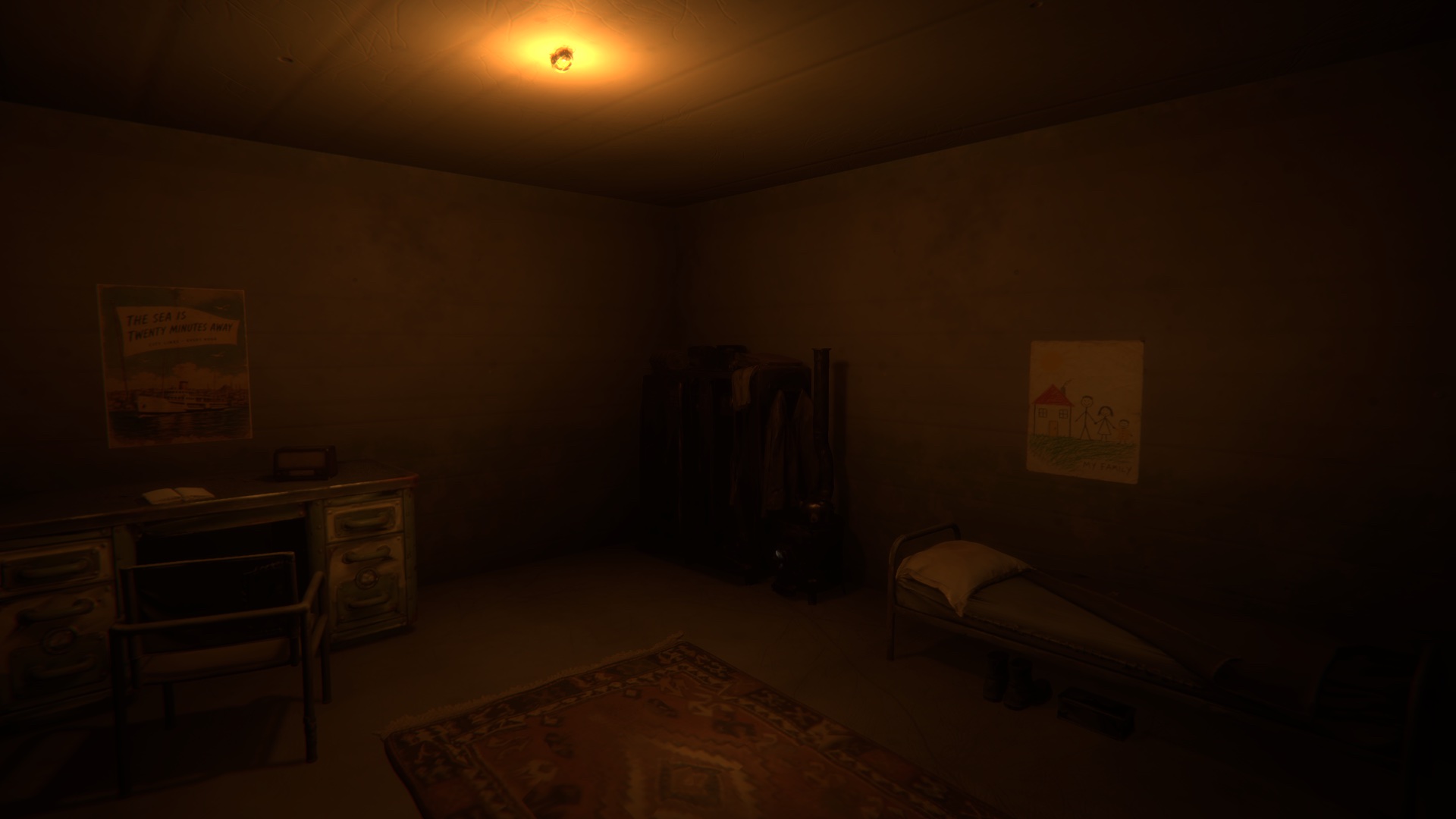 A dim private room inside the shelter